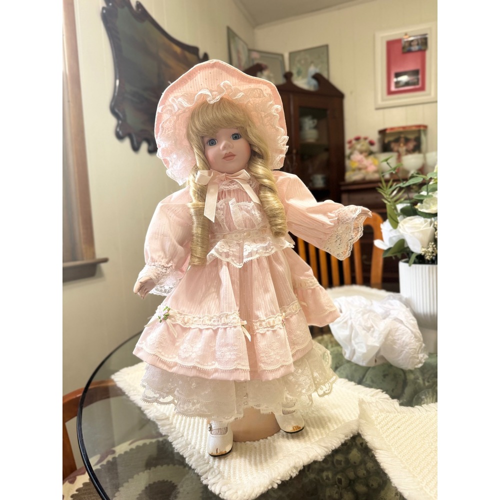 Dynasty Doll Collection Porcelain Doll Blonde Hair Pink Lace Dress 18‎ Inch